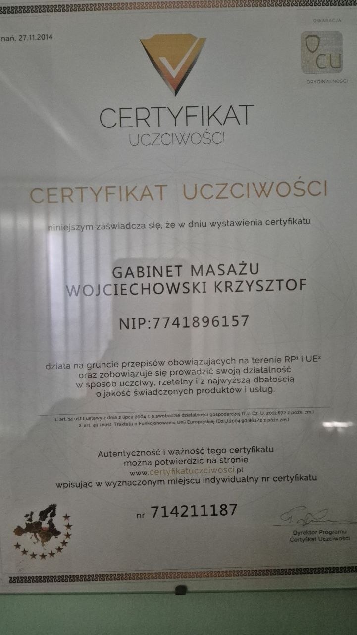 Certyfikat Uczciwości nr 714211187 — Gabinet Masażu Wojciechowski Krzysztof